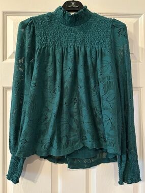 Sundance Teal Lace Smocked Yoke Blouse